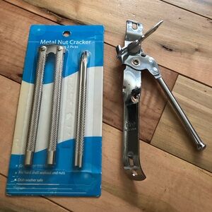 Stainless Steel Nutcracker and Picks Set - Silver can opener.